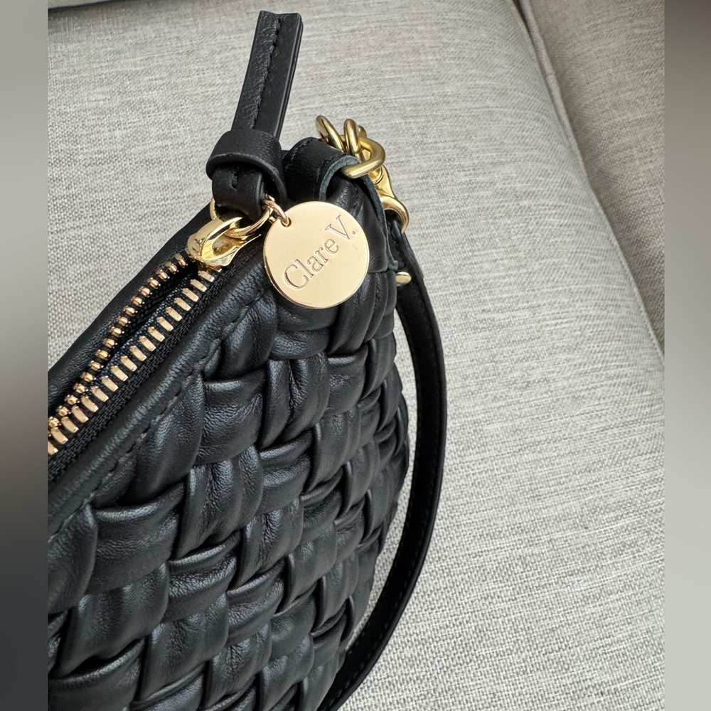 Clare V Black Petit Moyen Puffy Woven Leather Shoulder Bag with Gold Hardware - Picture 9 of 12